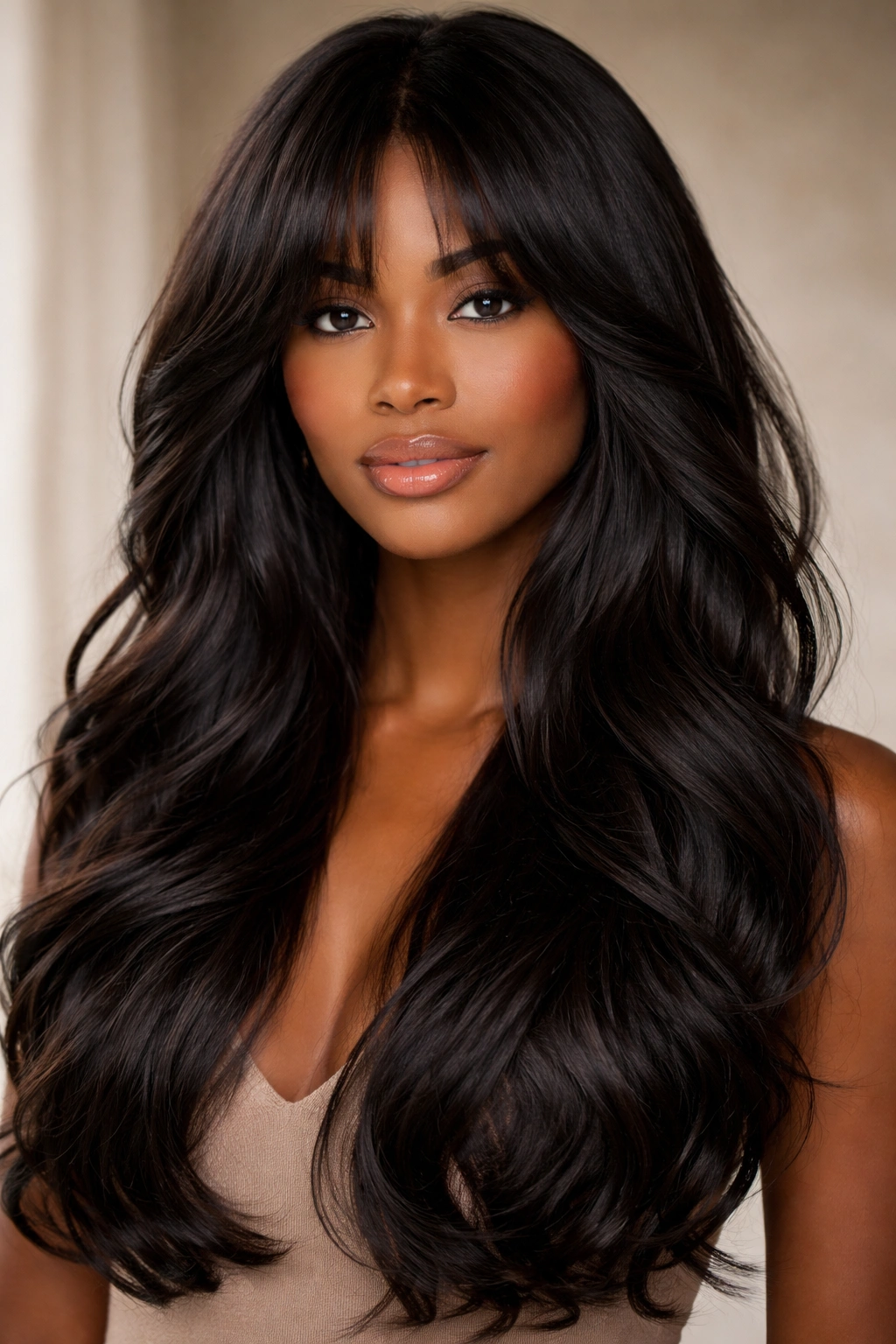Long layered waves with blended curtain bangs at mid-back length