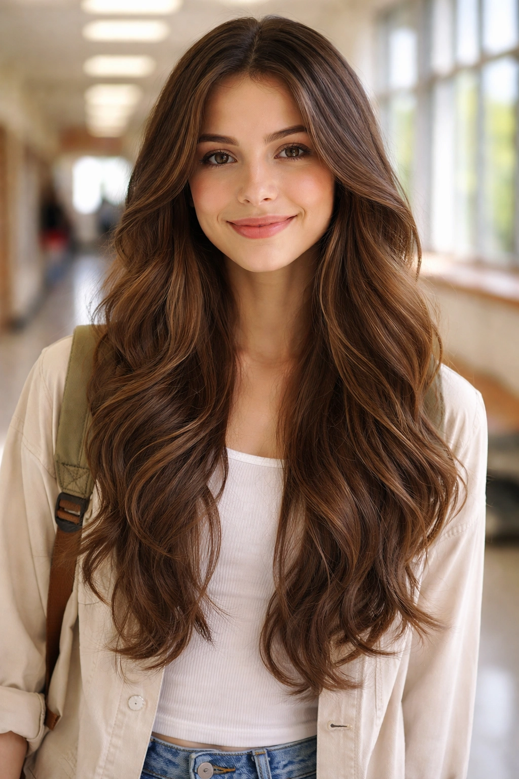 Student with long layered waves for dimension and movement
