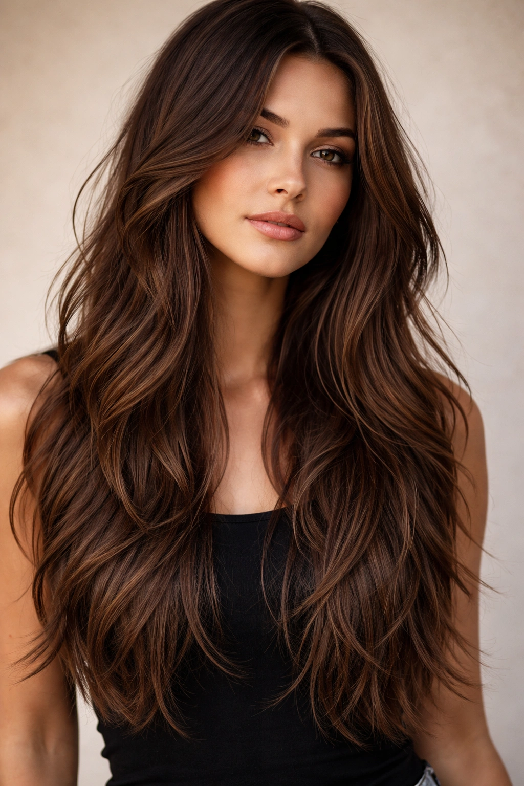 Brunette long hair with choppy textured ends and layered mid-lengths