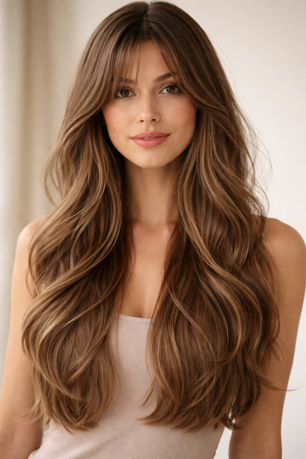 Long hair with layers blending into curtain bangs
