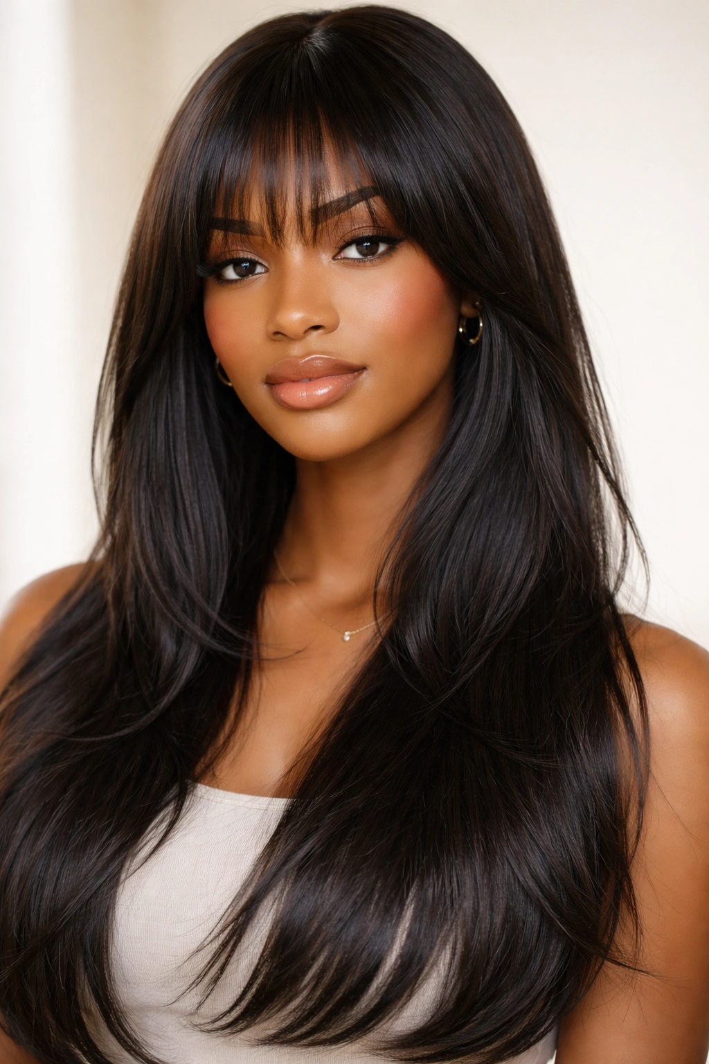 Close-up of a person with long straight 4C hair and wispy face-framing bangs.