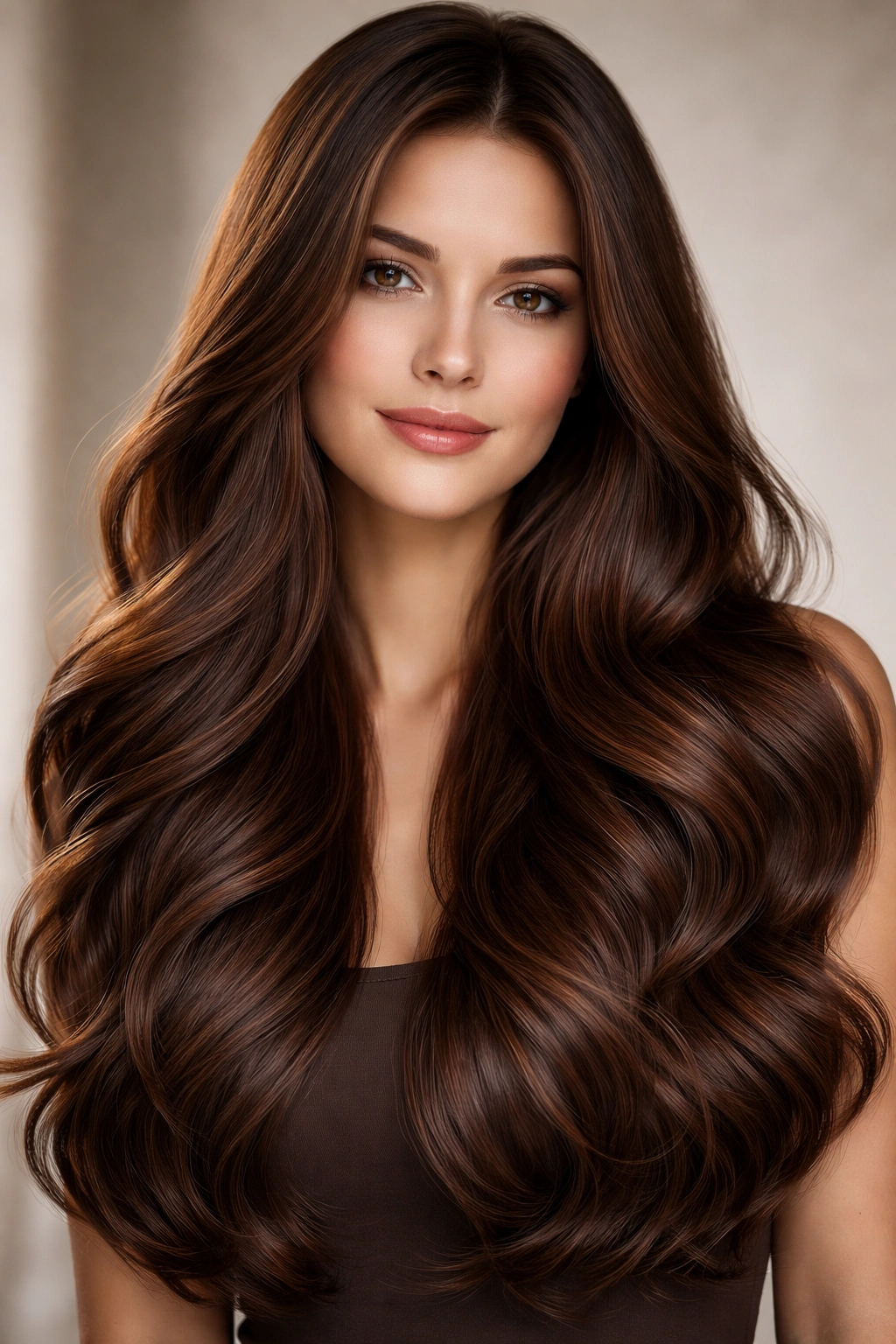 Close-up of chocolate brown hair with long layers and flowing waves