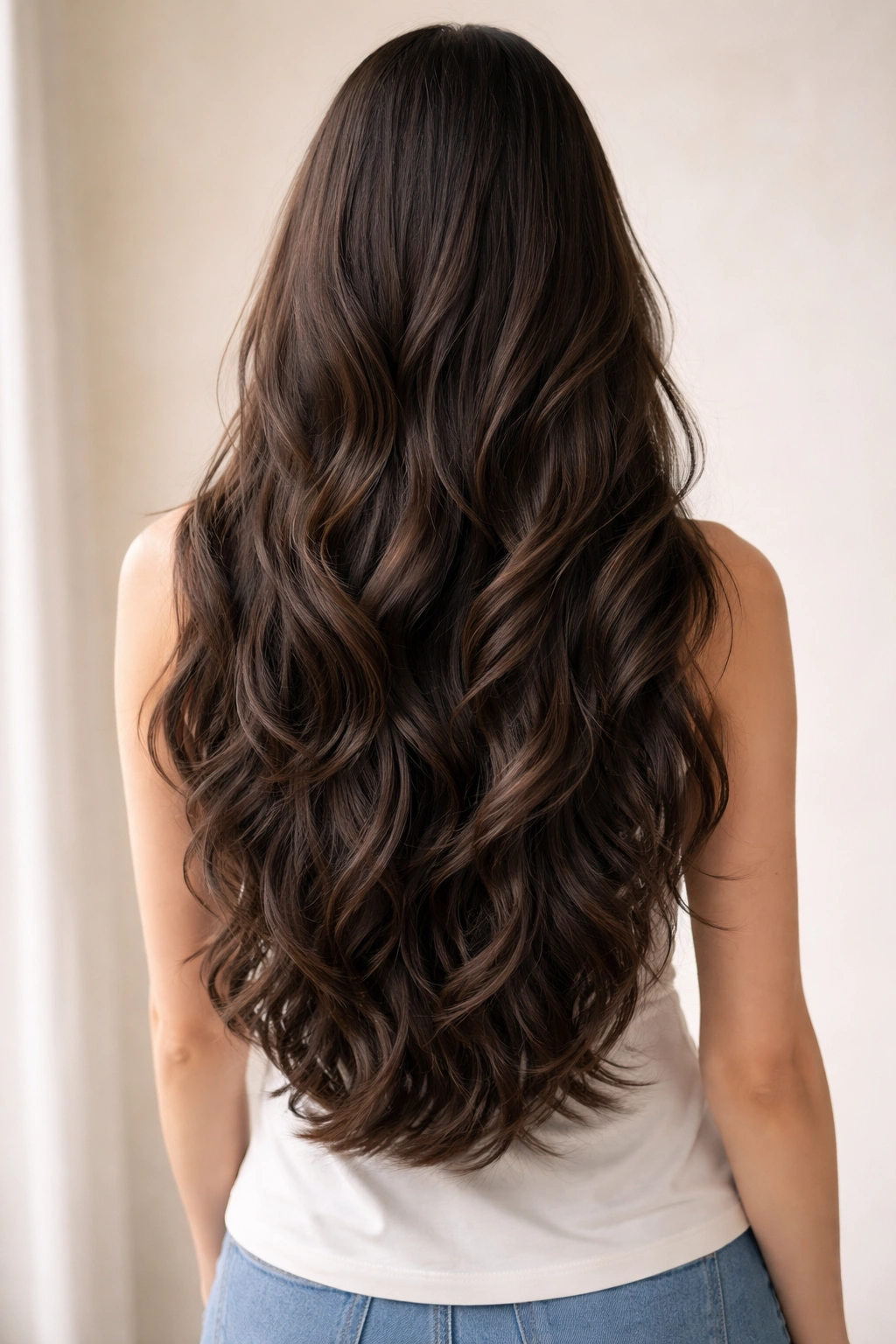 Long hair with mid-back length and visible heavy base layers