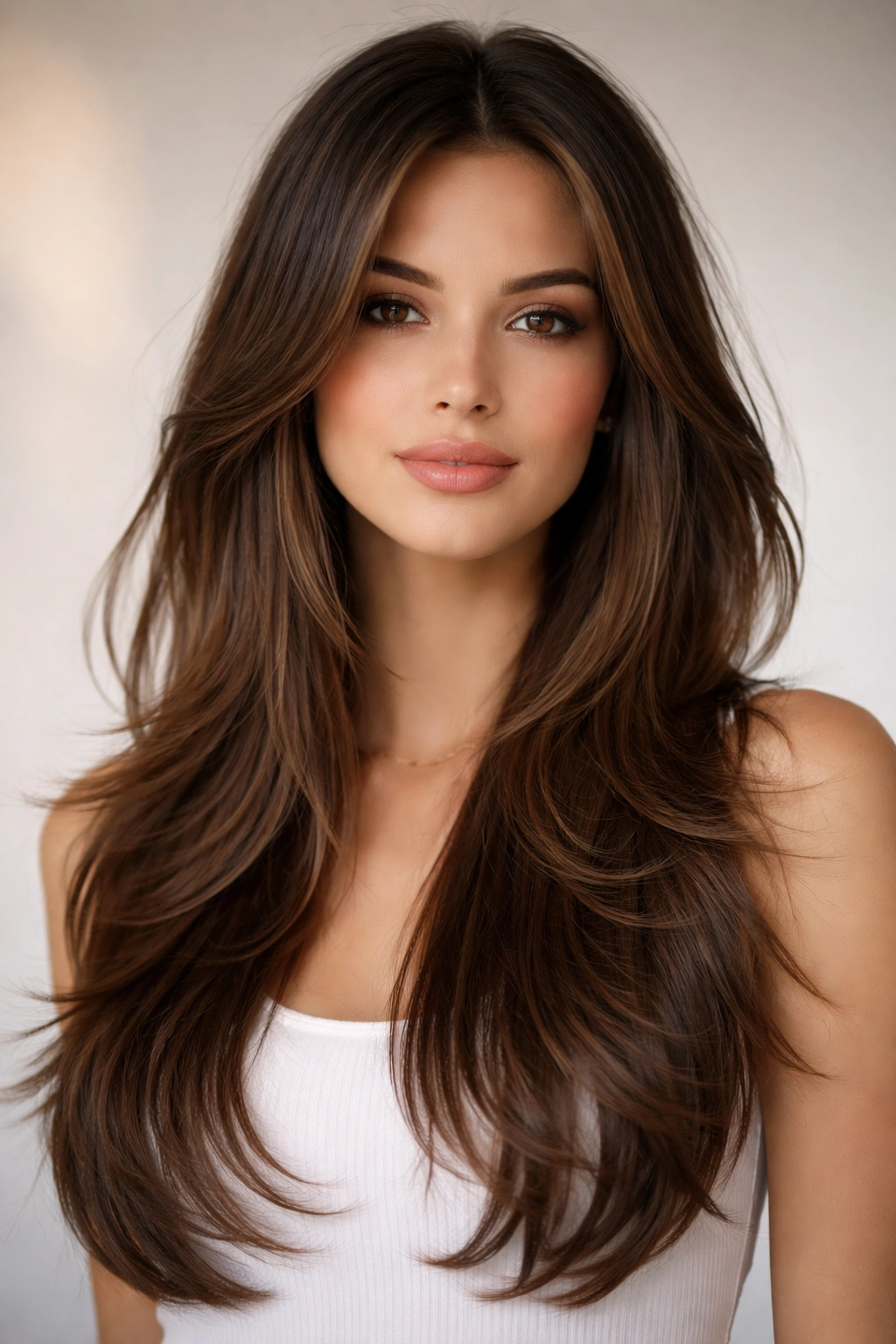 Long straight hair with cascading butterfly layers for movement