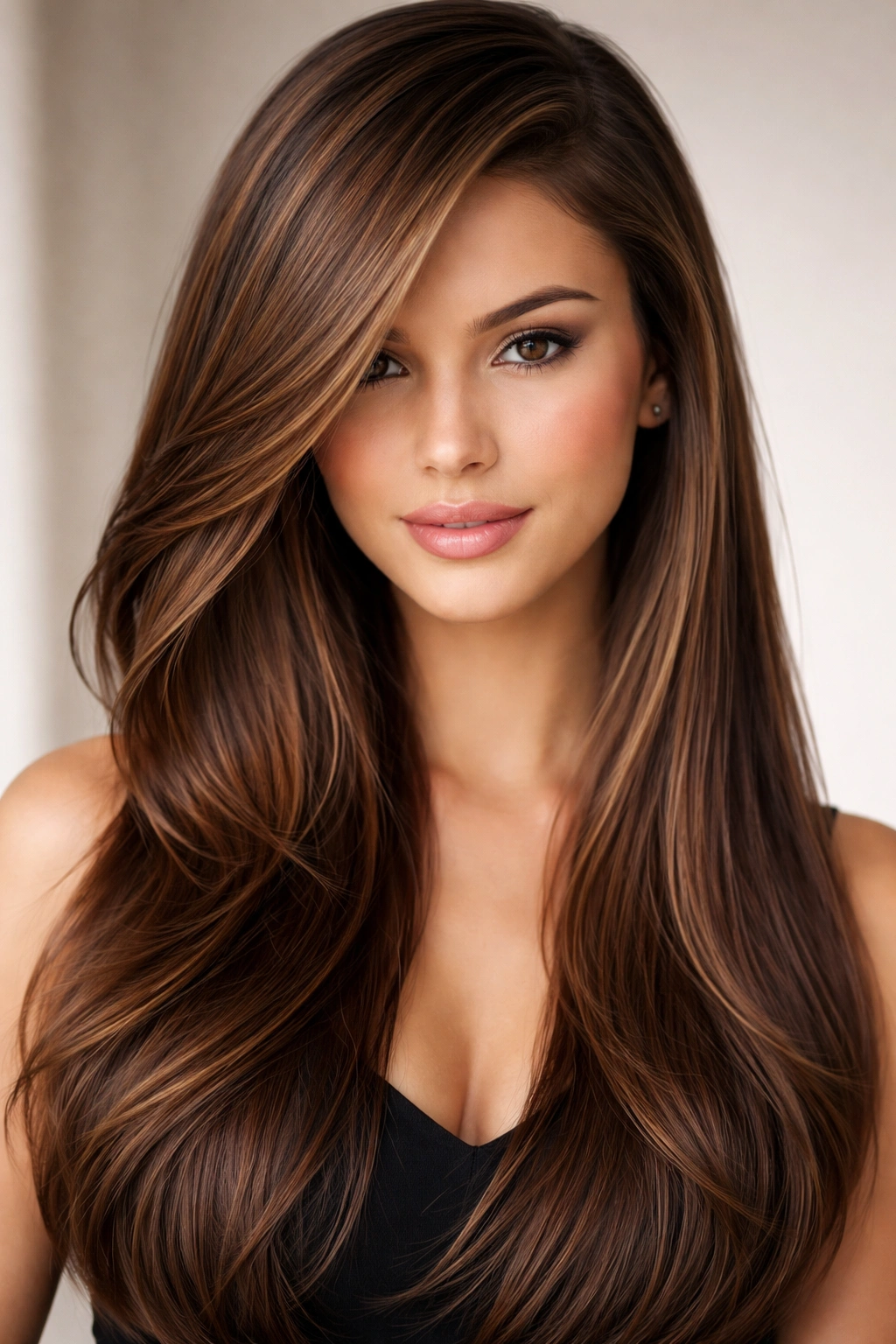 Portrait of straight hair with a dramatic deep side sweep and long layered pieces