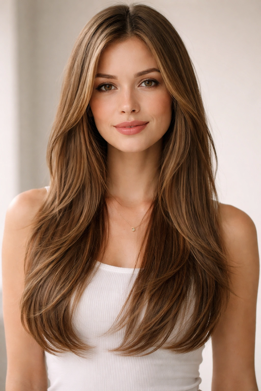 Close-up of long straight hair with blended layers from collarbone to mid-chest