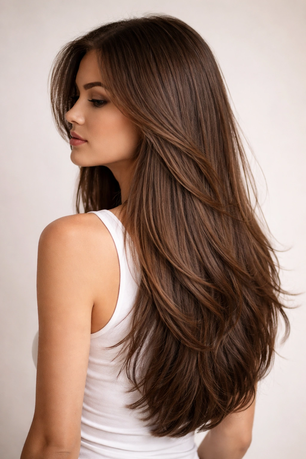 Long layered straight hair with movement and crown lift