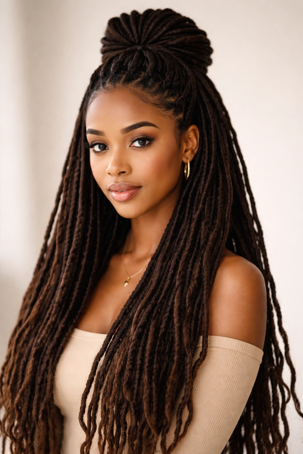 Close-up of long locs styled in a high crown half-up