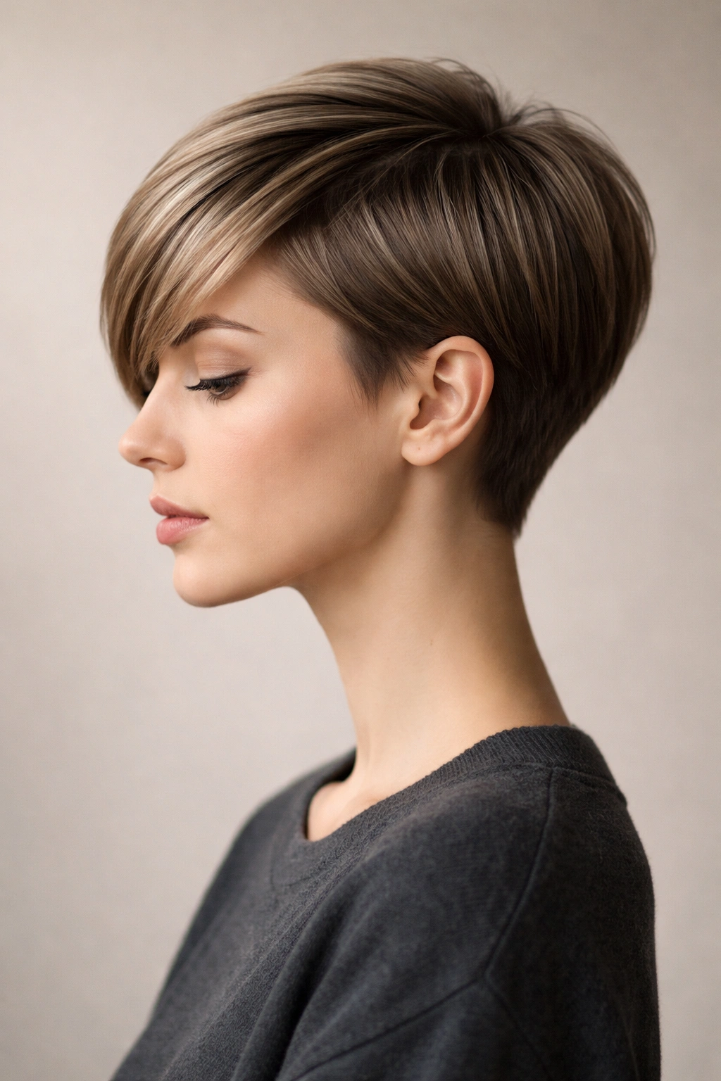 Profile view of long pixie with four to five inch top on straight hair