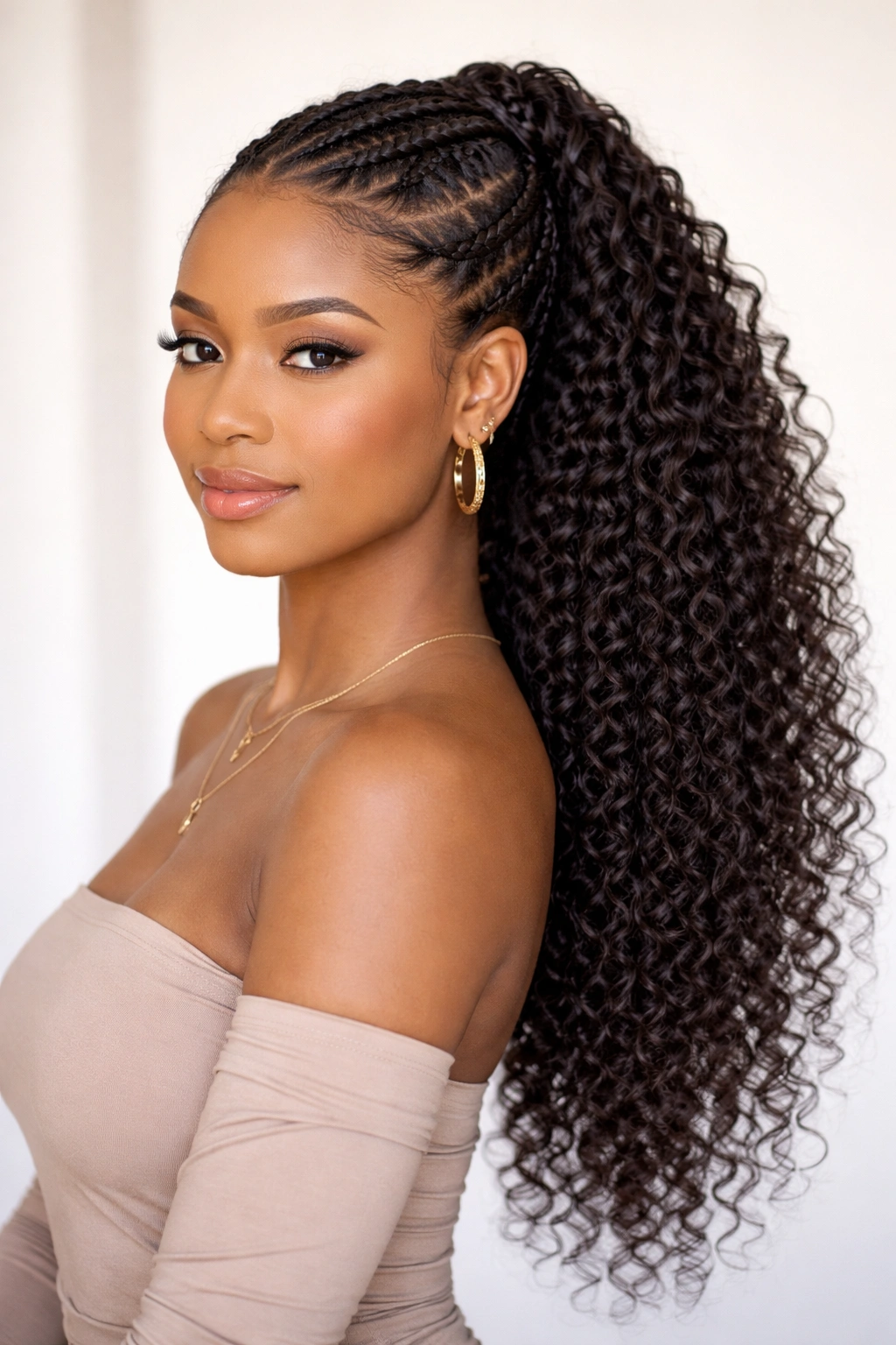 Long coily ponytail with crown braids forming a crown at the top