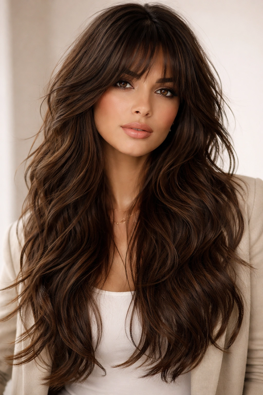 Brunette long shag with textured layers and cascading waves