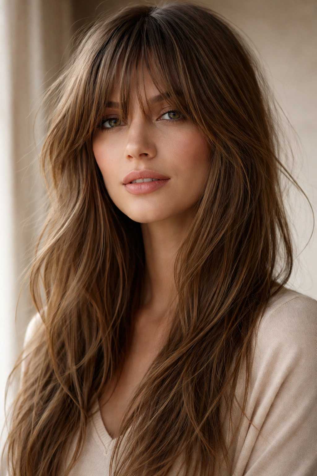 Portrait of long shaggy bangs near cheekbones on straight hair
