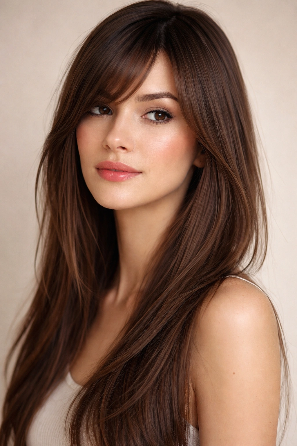 Close-up of long side bangs blending into straight hair framing the face