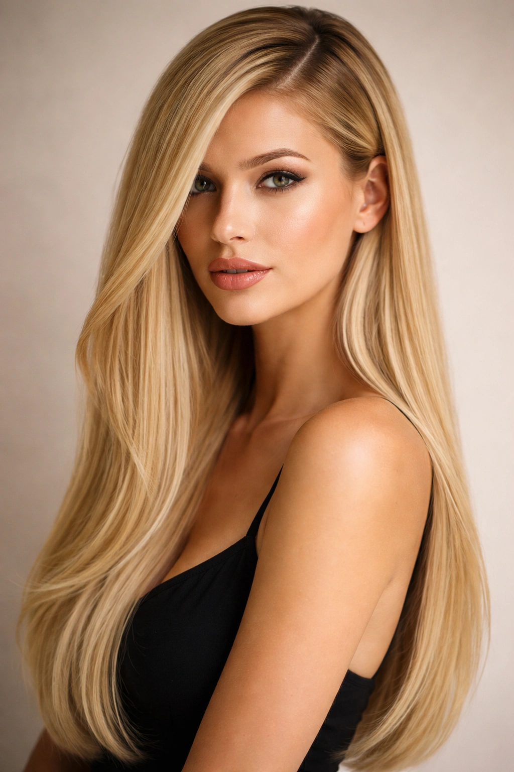 Portrait of long blonde hair with a deep side part and volume on one side