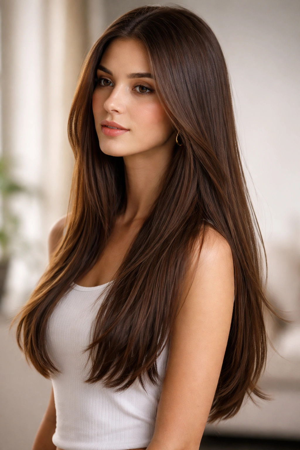 Long straight hair with barely-there layers around the face and ends showing subtle movement.