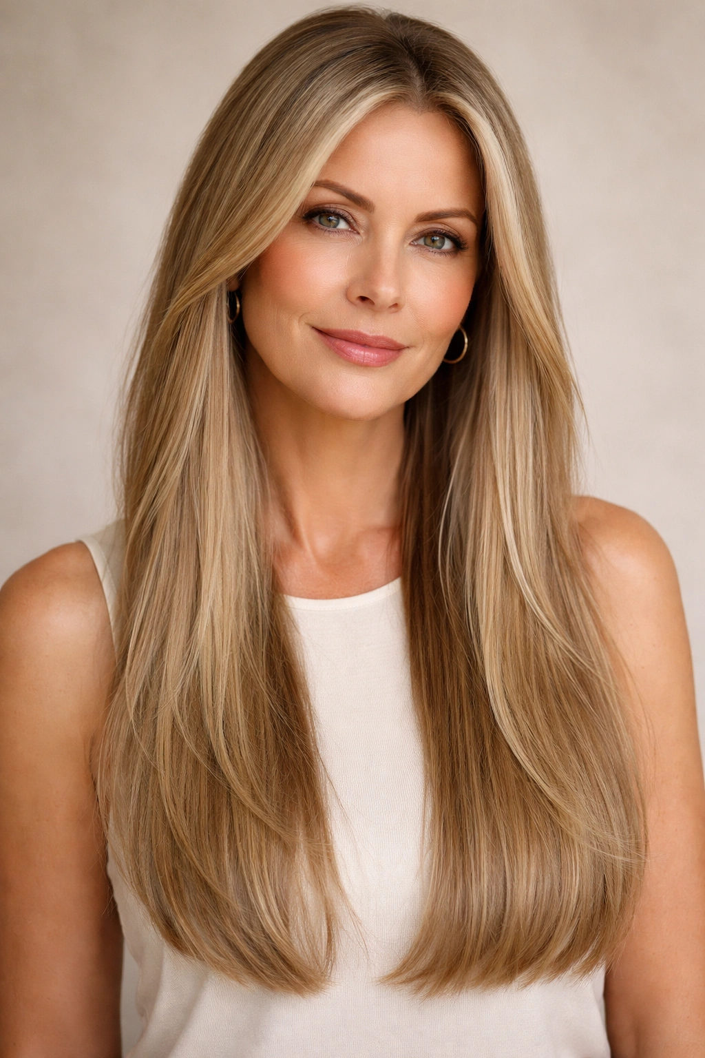 Close-up of a woman with long straight hair and face-framing pieces at cheekbone height