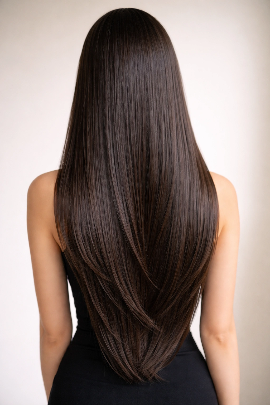 Waist-length straight hair with subtle graduated layers and high shine.