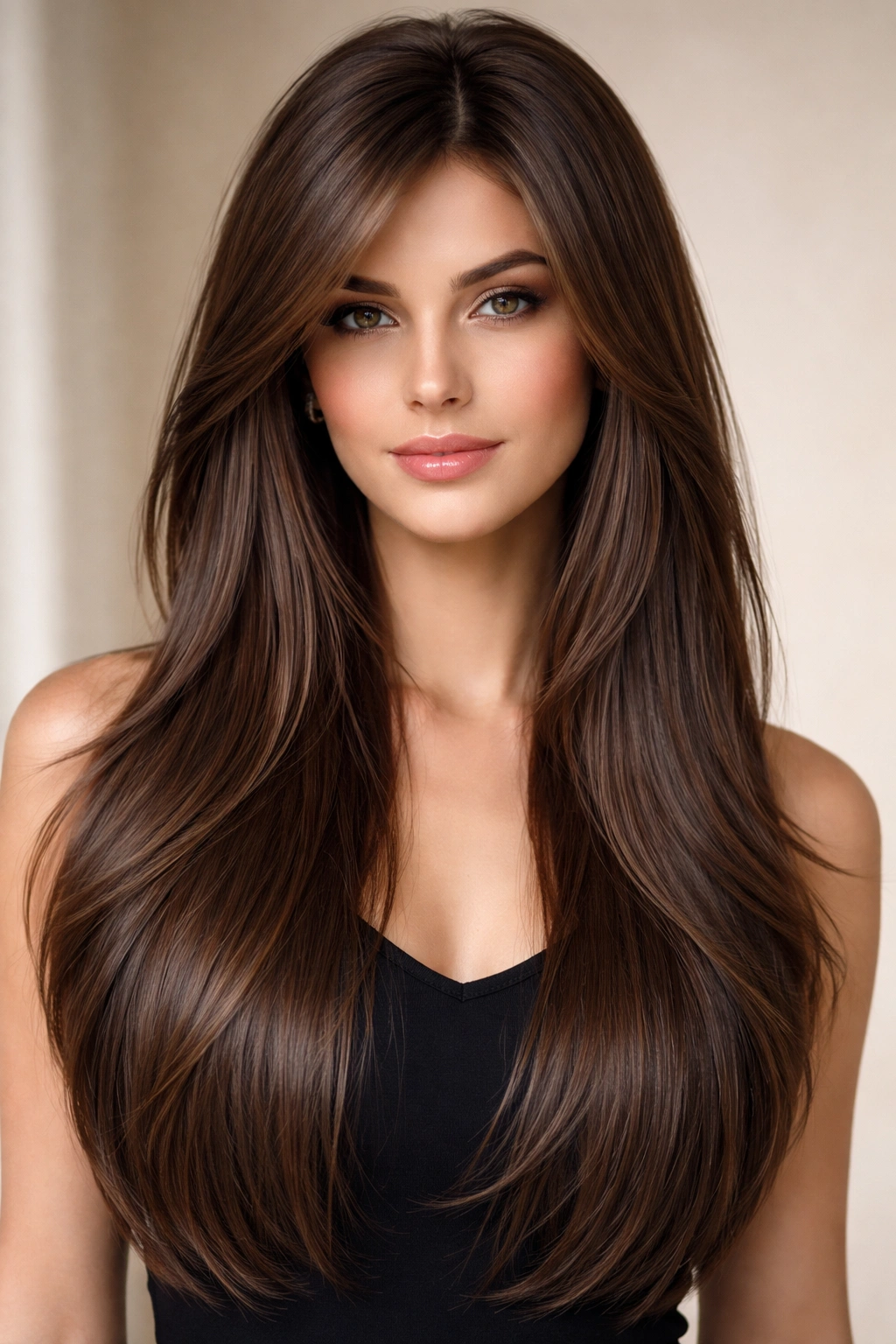 Long straight hair with crown layers lifting at the top and feathered sides framing the face.