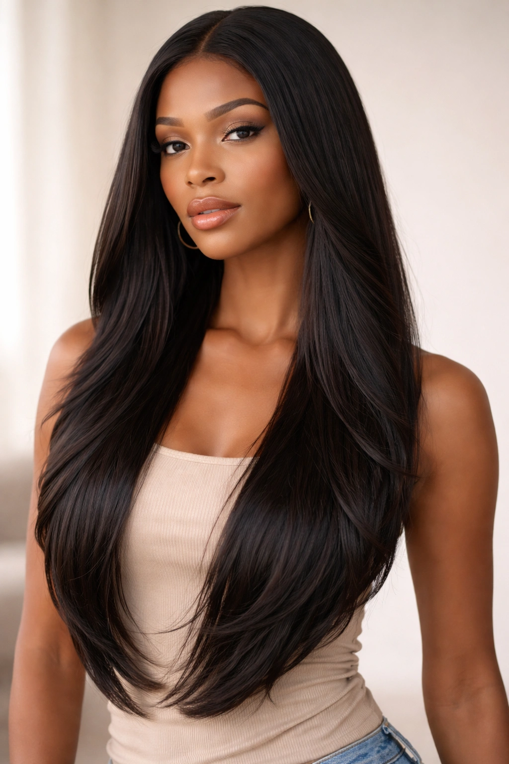 Long straight hair with soft face-framing layers cascading over shoulders