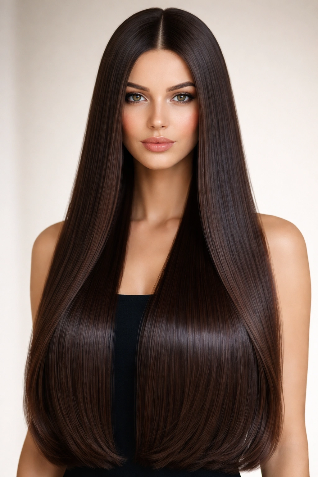Front view of long, straight hair with a deep center part and high shine
