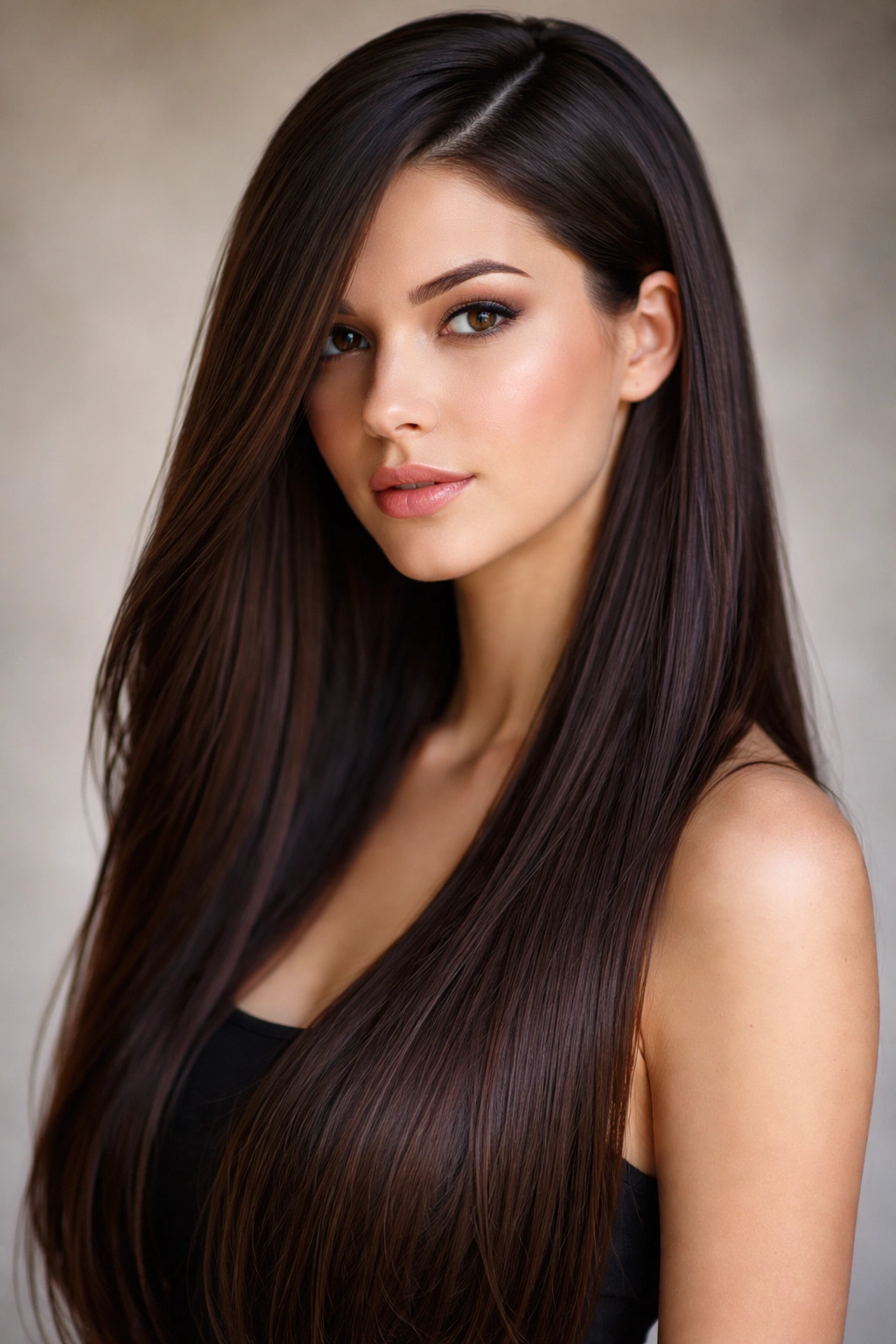 Model with long straight hair and deep side part creating diagonal line.