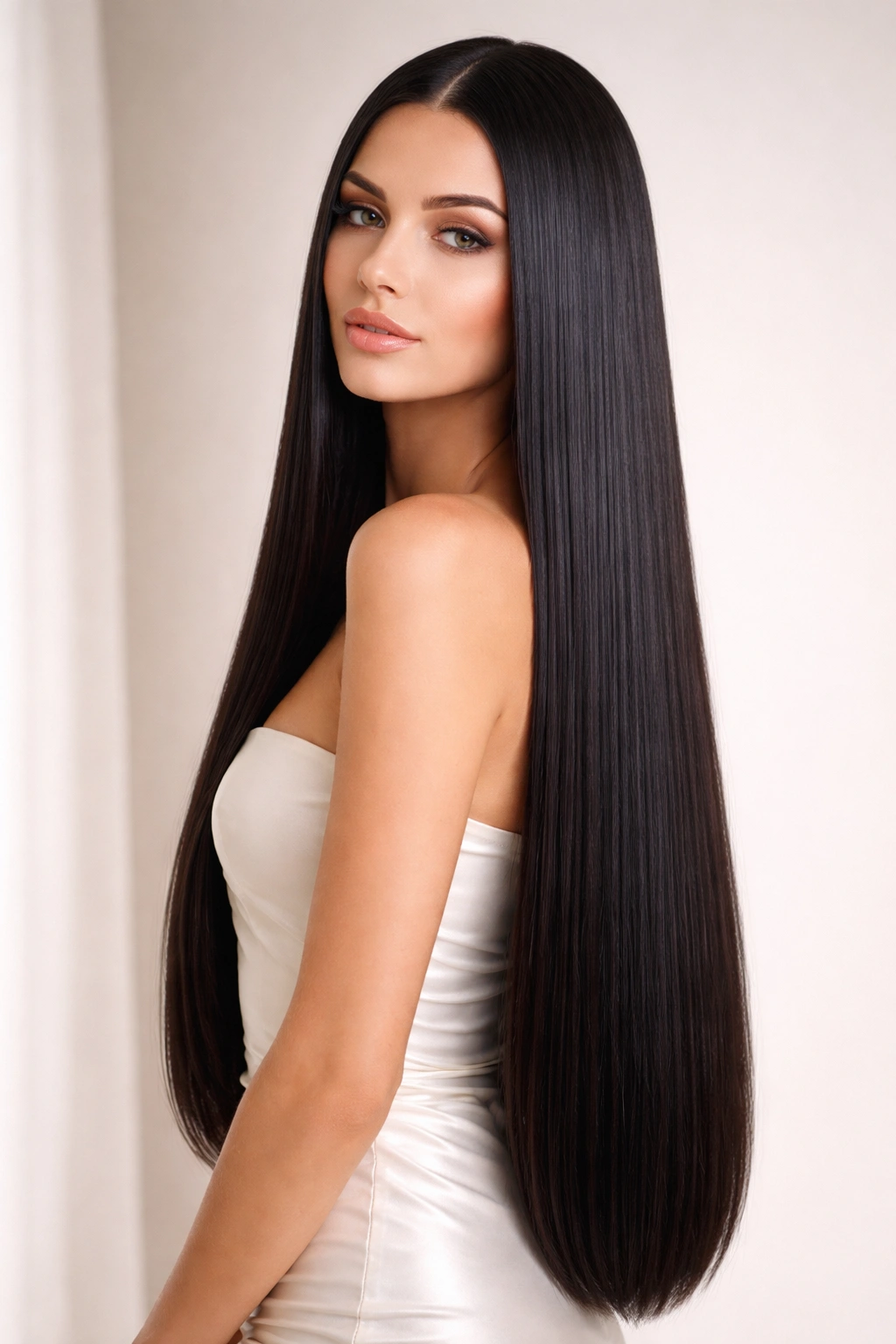 Waist-length straight hair on a model in a neutral studio