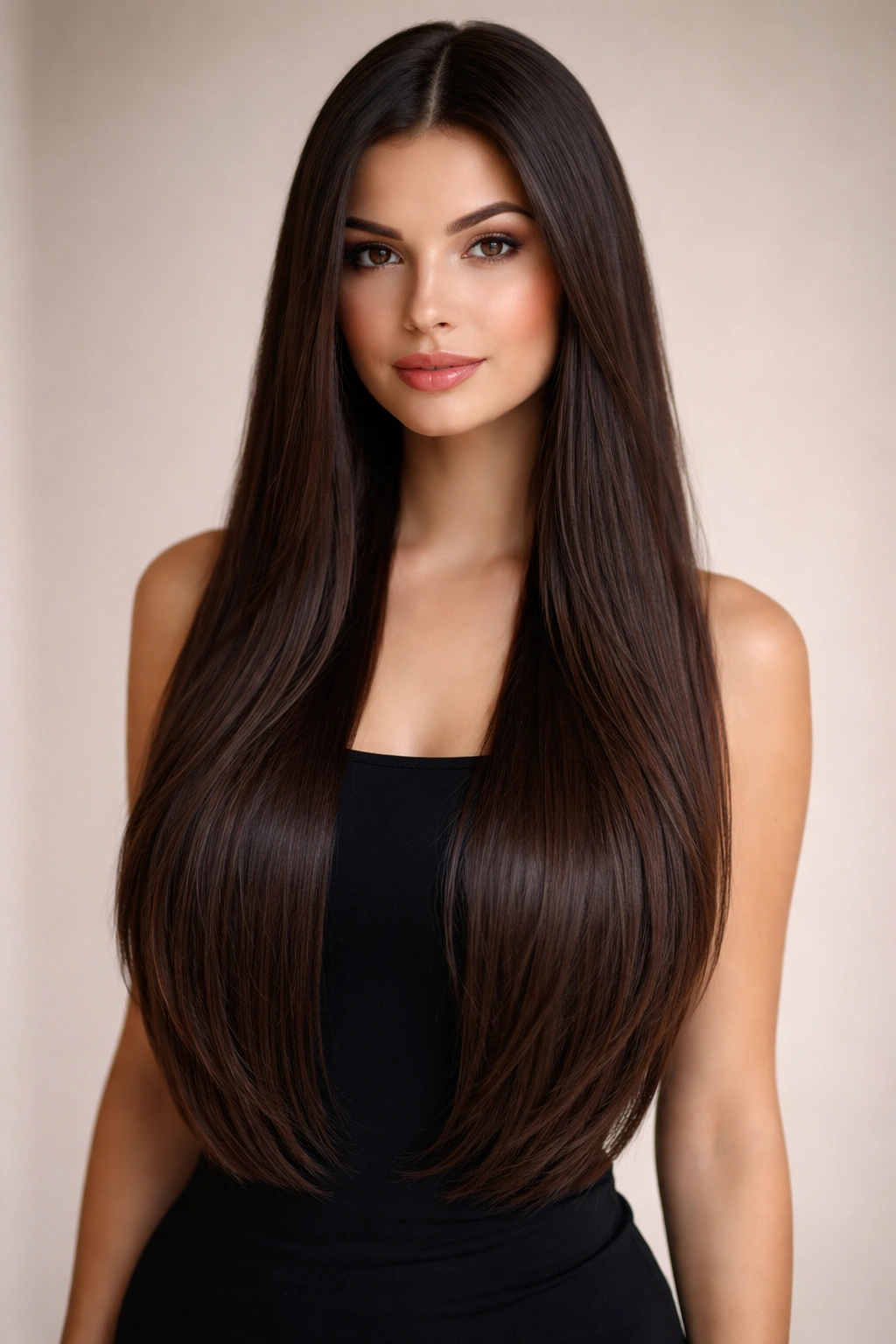 Full-length straight hair with barely visible subtle layers and elongated silhouette