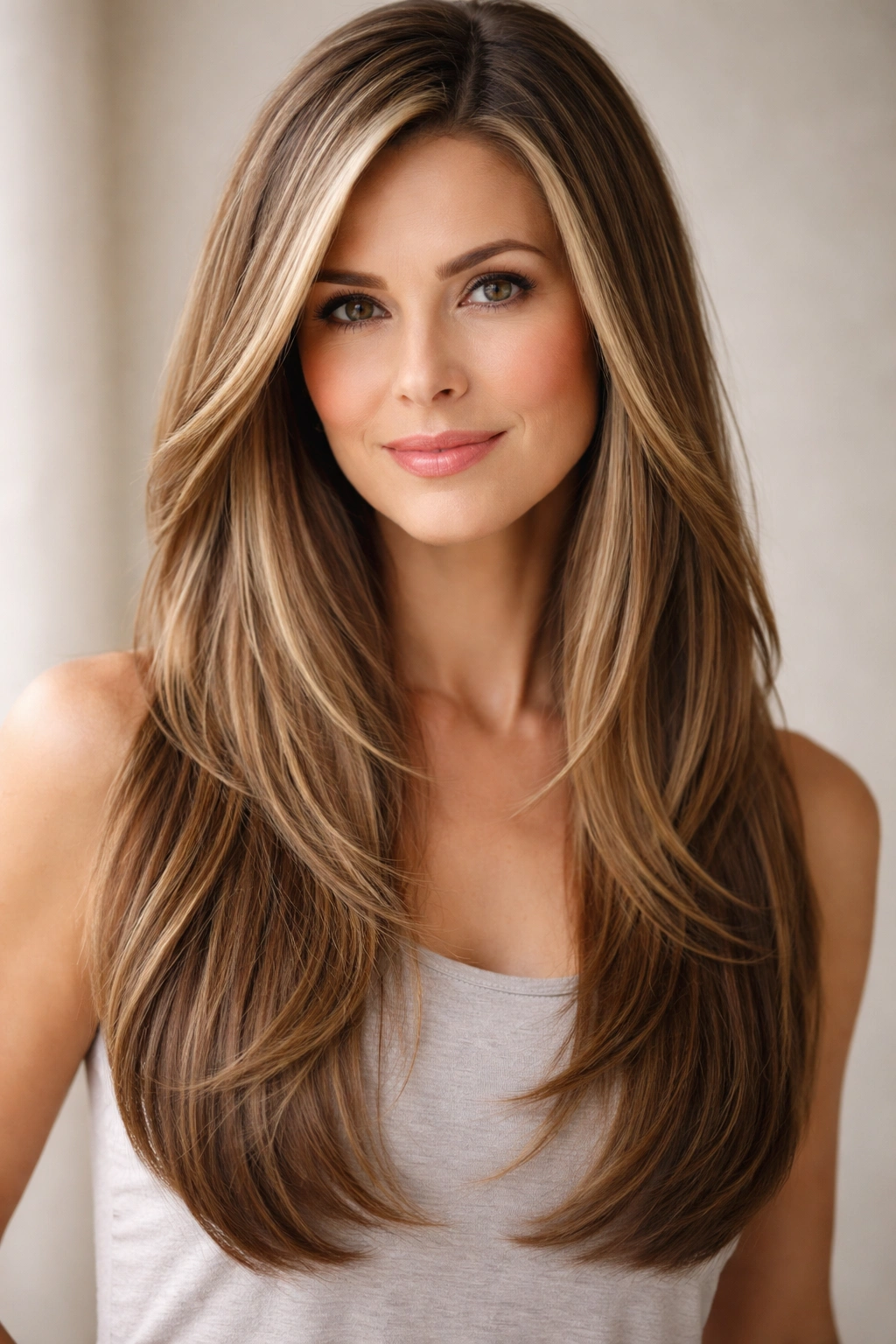 Close-up of long straight hair with blended layers creating movement and depth