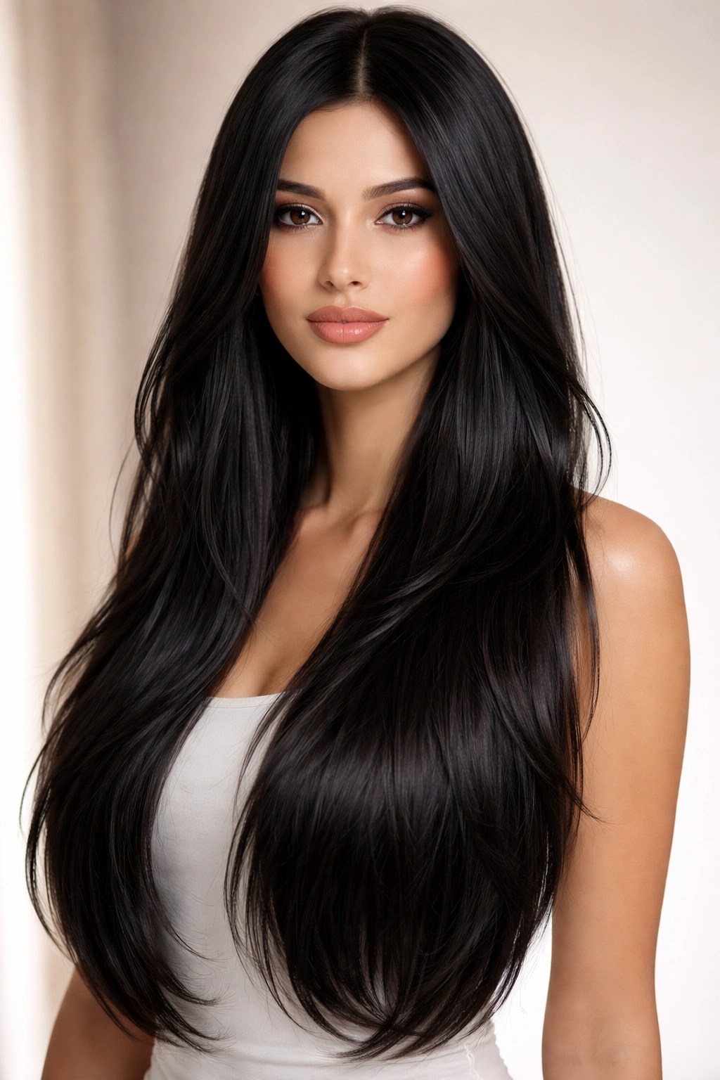 Long jet-black straight hair with face-framing layers around the cheeks