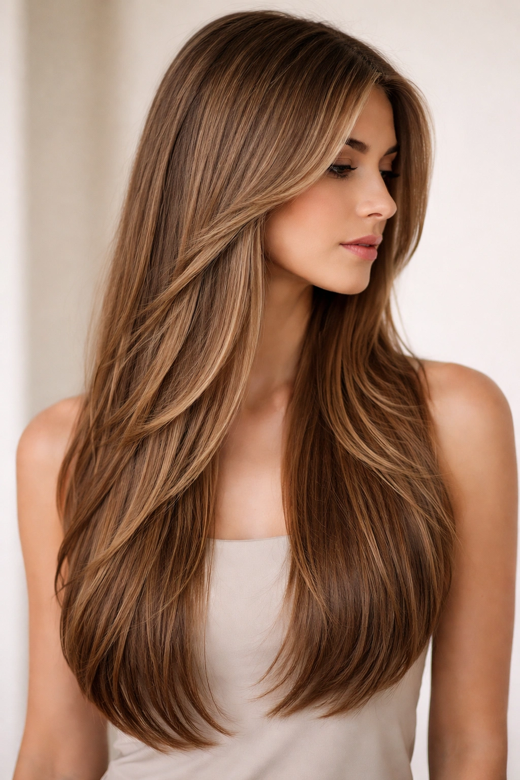Long straight hair with subtle layered movement and dimension, studio portrait