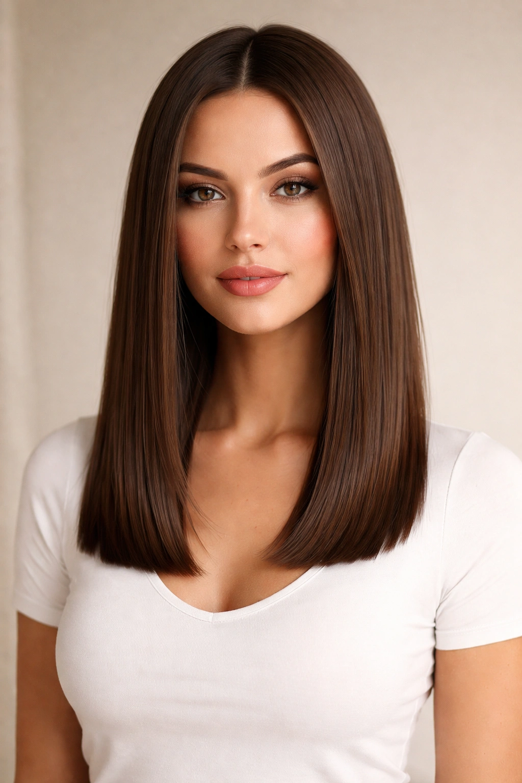 Portrait of a model with a long straight lob and blunt ends, straight hair.