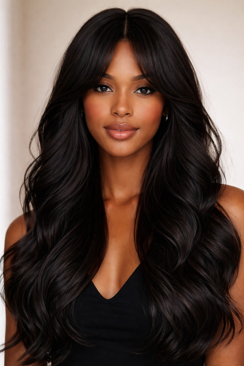 Long wavy hair with center-parted curtain bangs framing the face