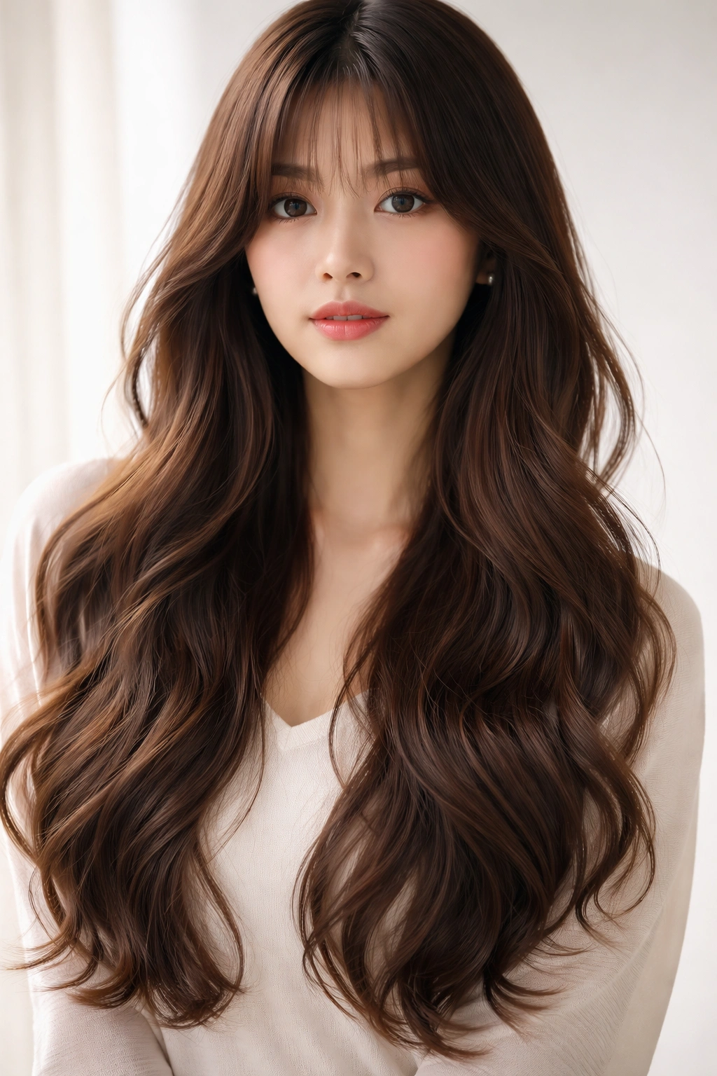 Long waves with center-parted curtain bangs framing the face