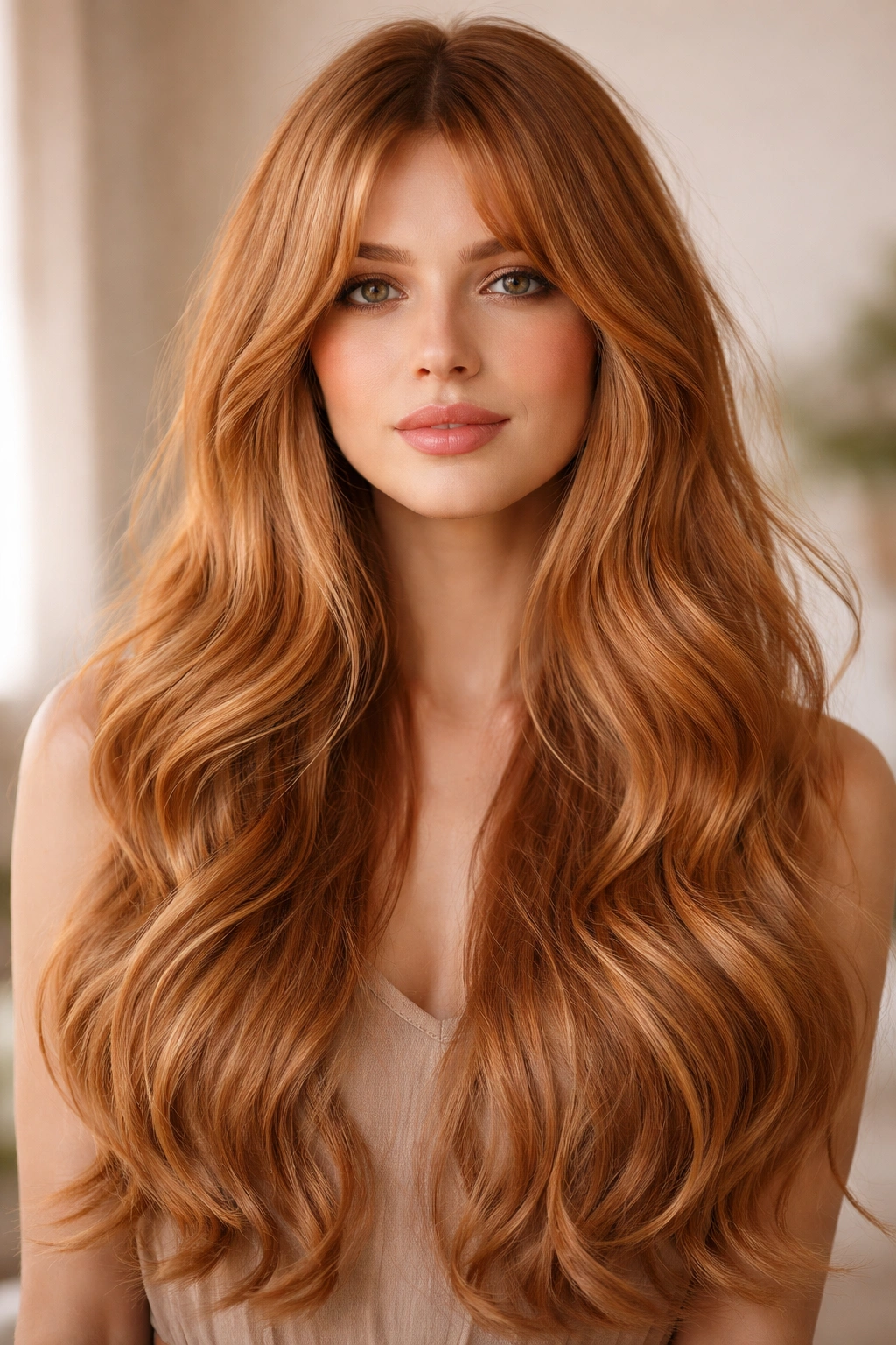 Long strawberry blonde waves with curtain bangs framing the face