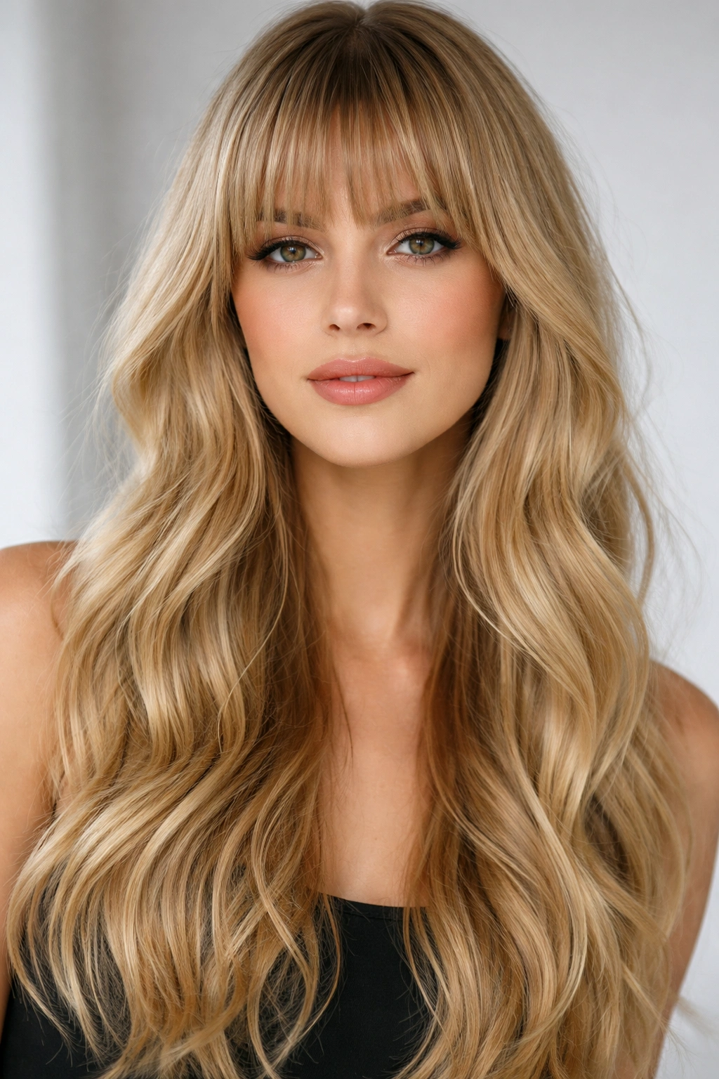 Long waves with French bangs on blonde hair