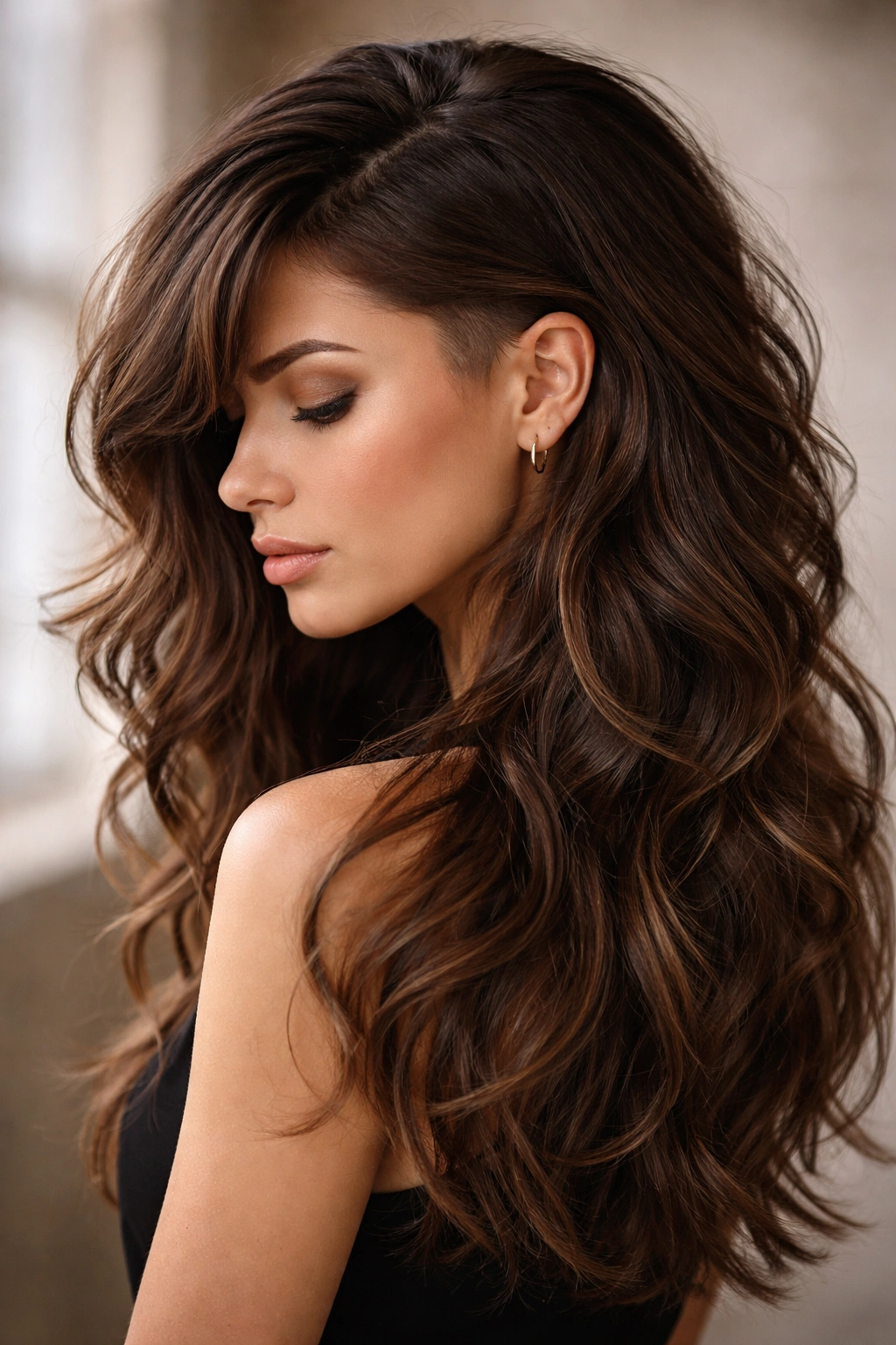 Long waves with a textured undercut and shag layers in warm brown