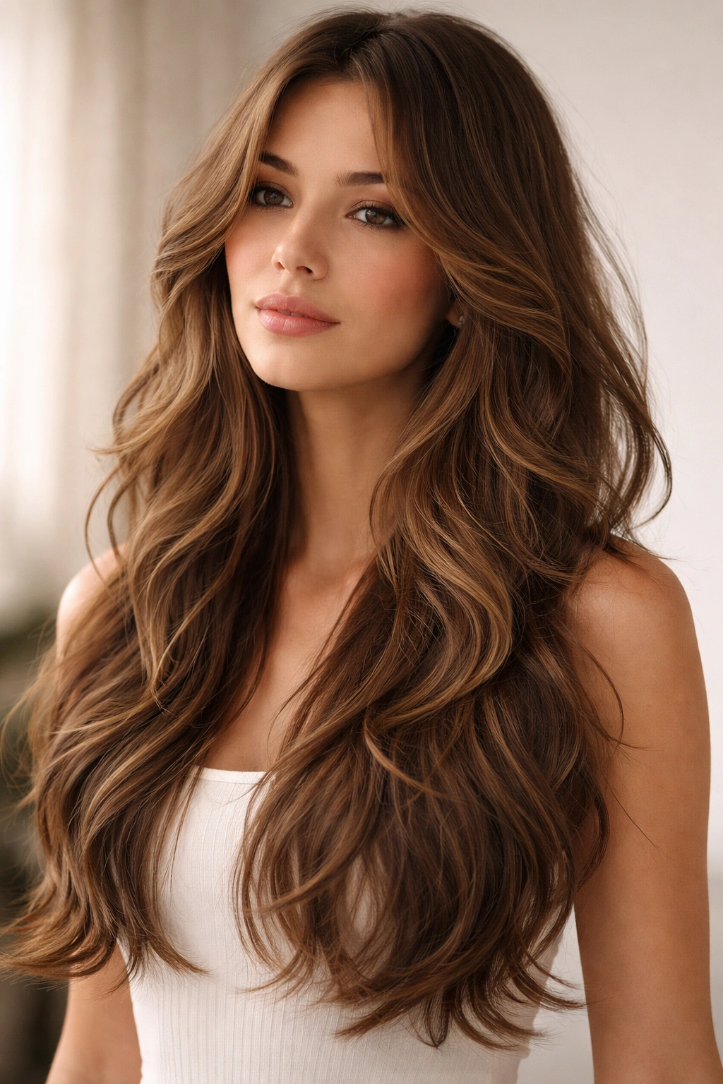 Long wavy hair with subtle, blended layers adding movement.