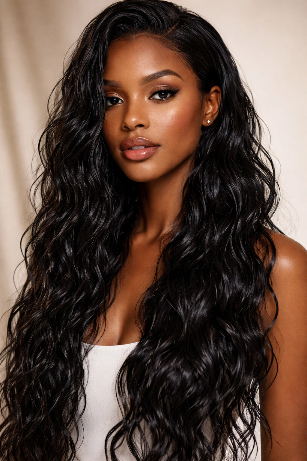 Close-up of glossy long waves on Black hair with a wet-look finish