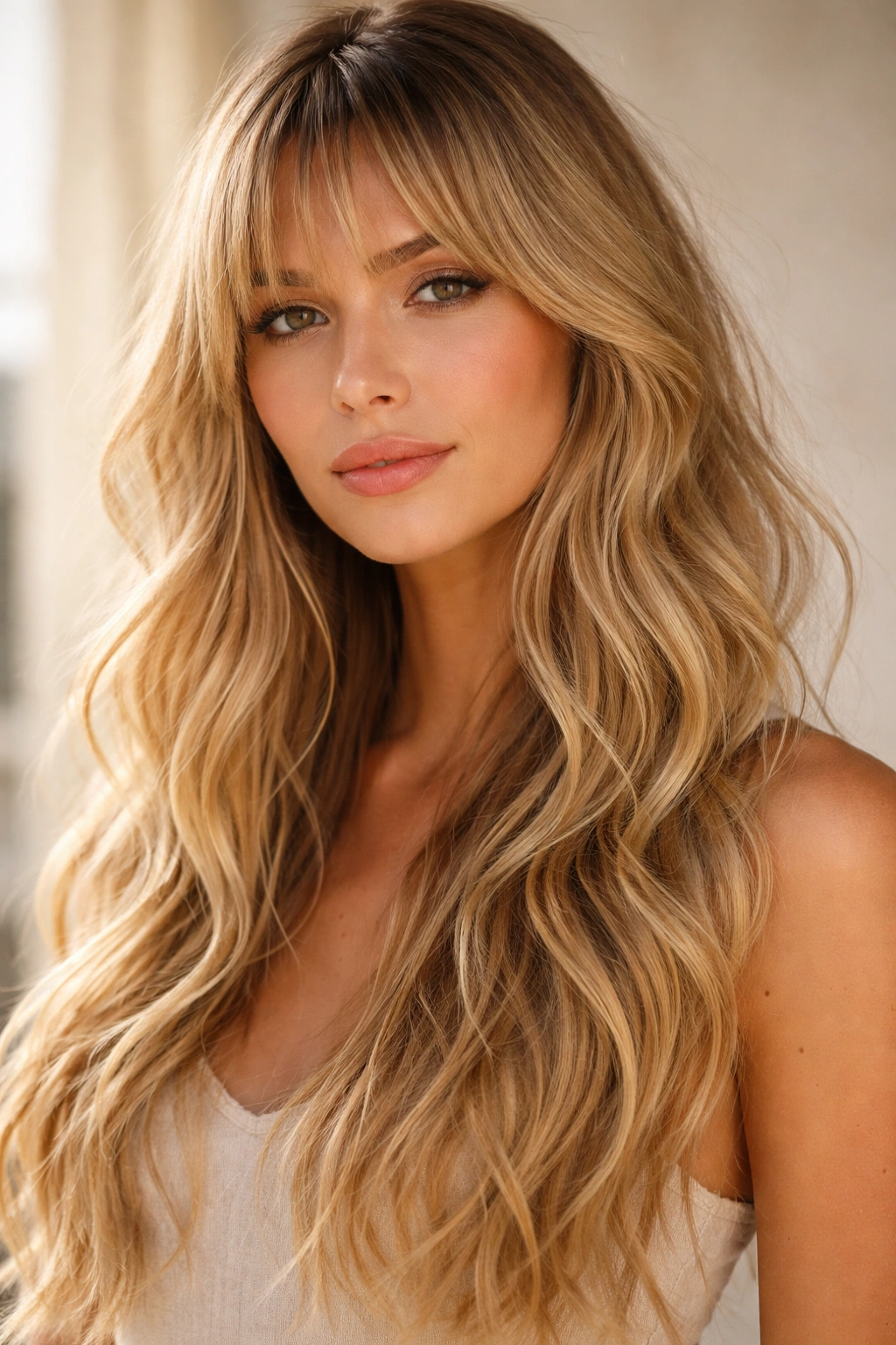 Close-up of long blonde textured waves with wispy bangs