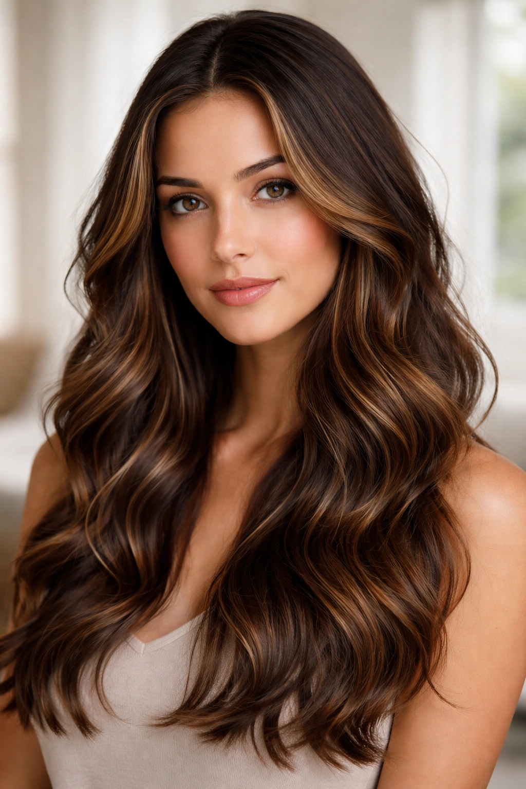 Long brunette waves with subtle caramel highlights catching light