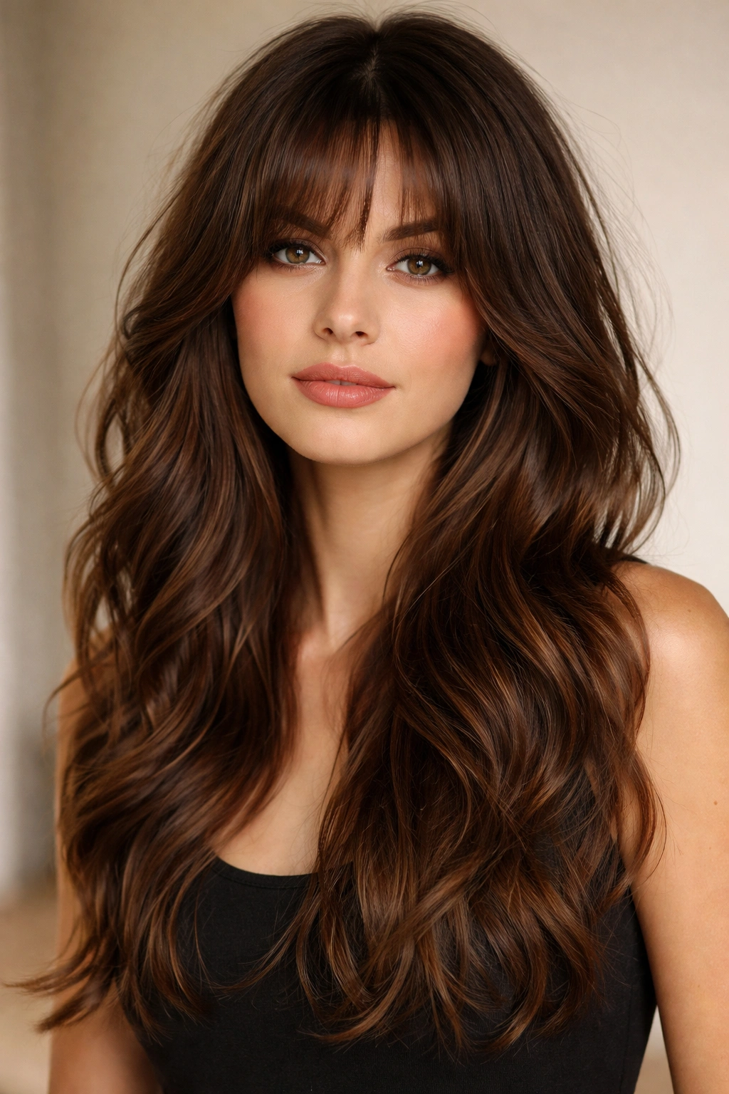 Long wavy hair with choppy layers and curtain bangs in studio