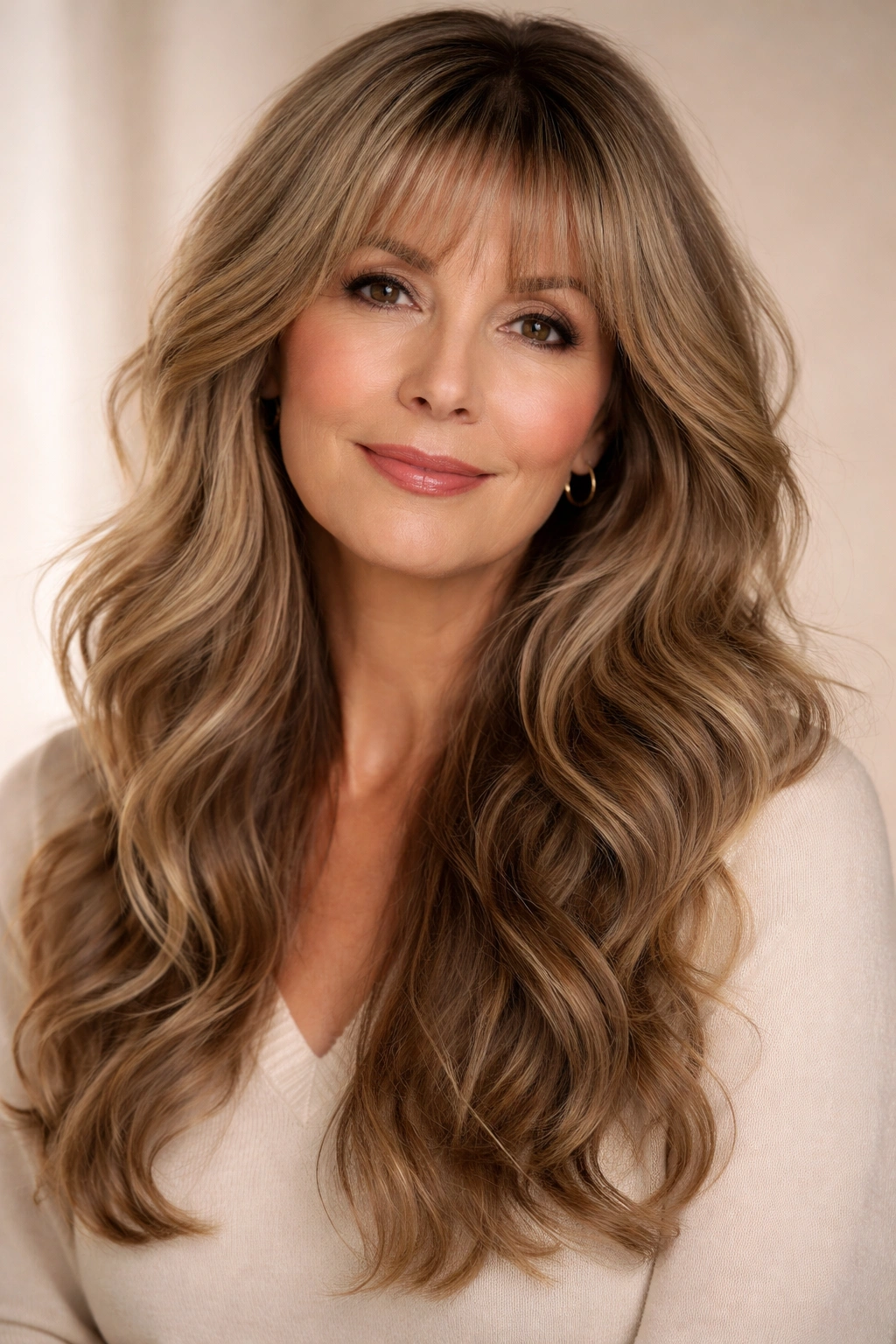 Long wavy hair with wispy bangs framing the face in a soft studio portrait