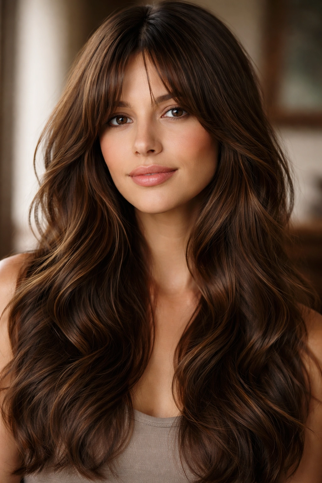 Close-up of long wavy hair with curtain bangs and layered ends