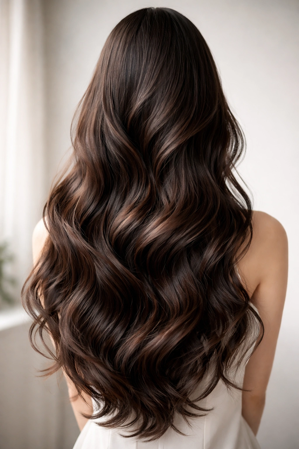 Abstract silhouette of long wavy hair forming a graceful S-curve in a minimalist studio