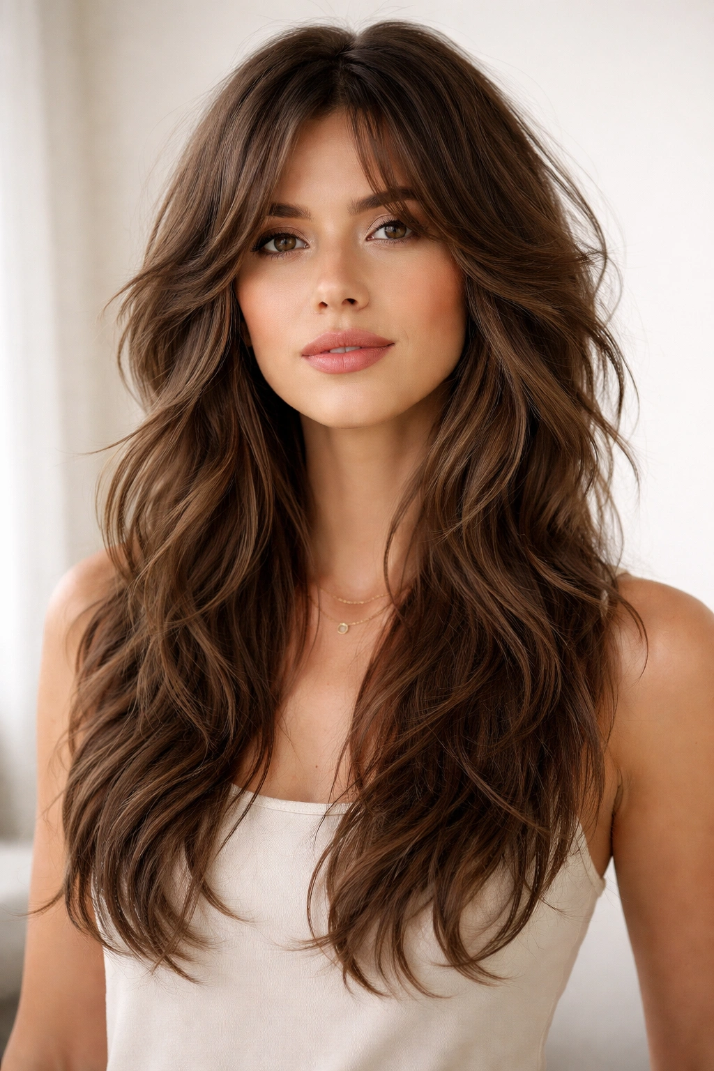 Long wavy shag hairstyle with feathered layers cascading past shoulders