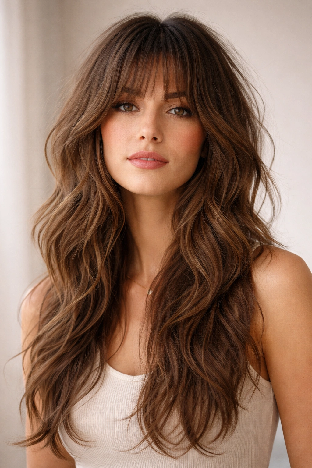 Studio portrait of a model with long, wavy shag hair showing texture and movement