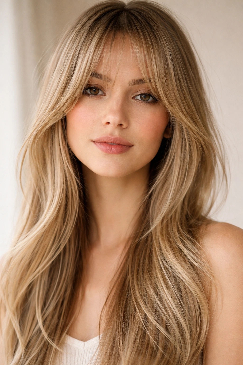 Close-up of long wispy curtain bangs near cheekbones blending into longer hair.