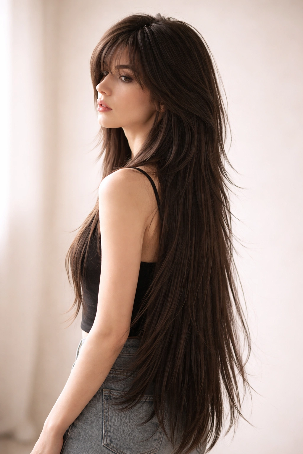 Side view of long wolf cut on straight hair with voluminous crown and long back.