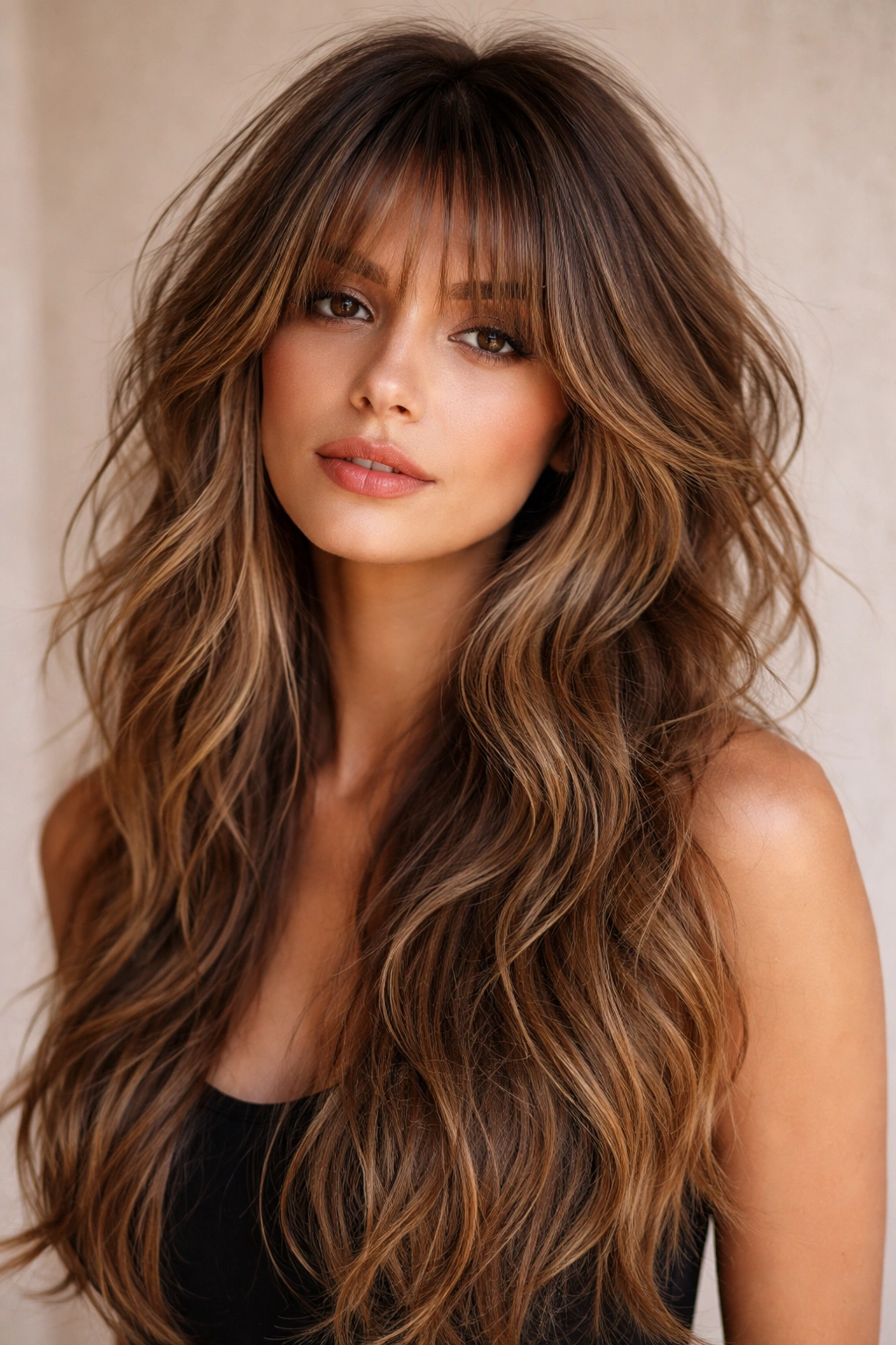 Long wolf cut with wispy fringe showing crown volume and extended back.