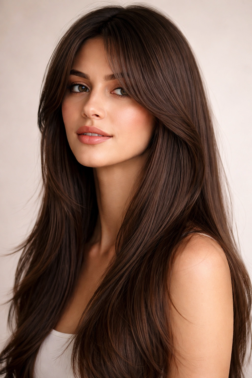 Close-up of longer swooping curtain bangs framing face
